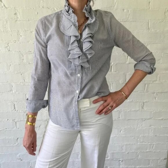 J.Crew  Ruffle High Neck Button Down Gray White Striped Shirt Woman's Size 2 - Picture 1 of 10